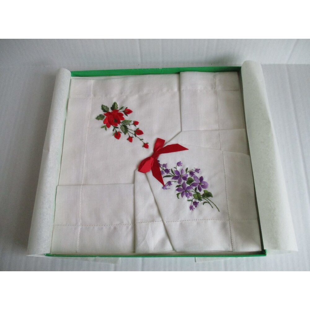 *Vintage Handkerchiefs Red and Purple Embroidered Floral - In Box
